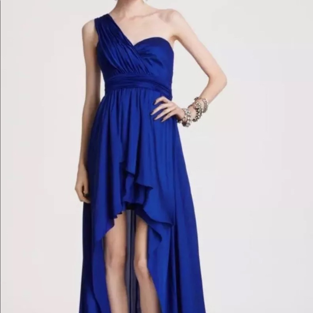 AQUA Charmeuse Satin Ruched Hi-Low Gown